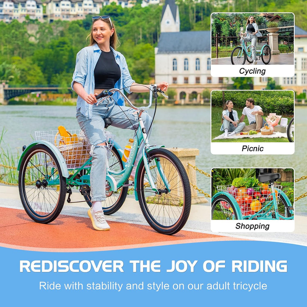 Slsy Adult Tricycle 7 Speed, 20/24/26 Inch Step-Through 3 Wheel Bike for Adults with Large Shopping Basket, 350 lb Capacity Adult Trike for Seniors, Women and Men