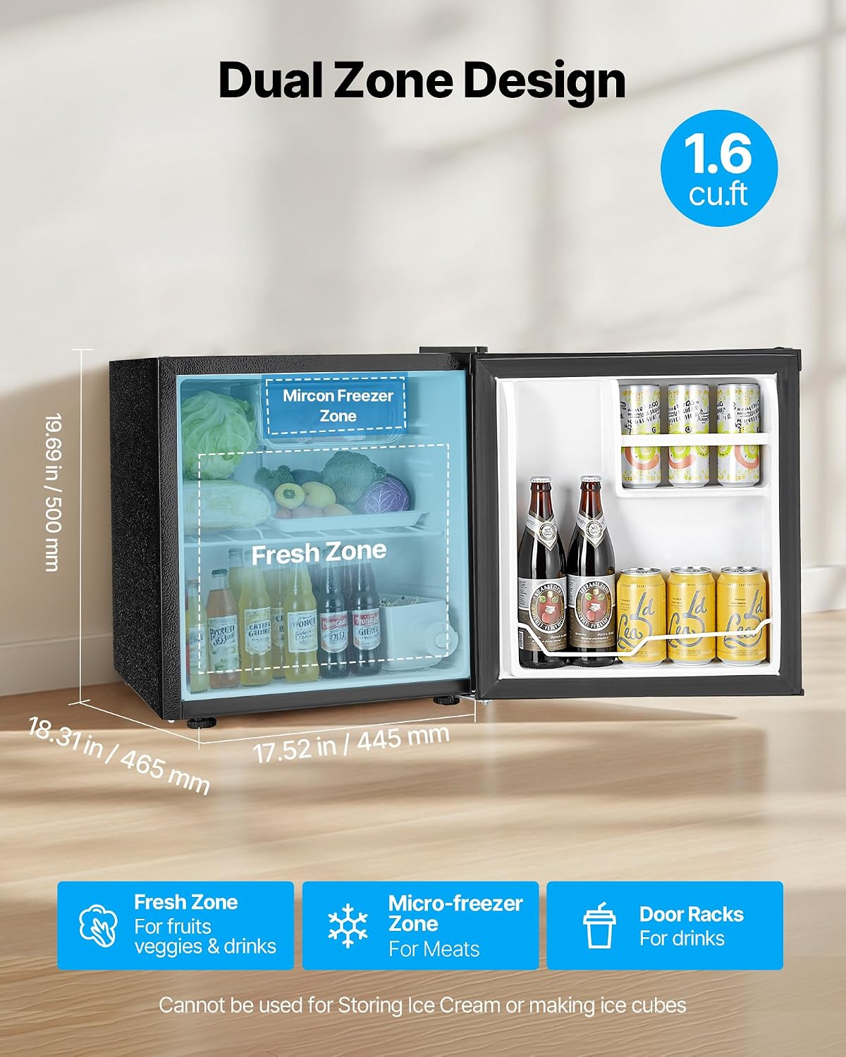 VEVOR Mini Fridge with Freezer, 1.6 Cu.Ft Compact Refrigerator w/Micron Freezer Zone, 7-Modes Adjust Temp, Energy Efficient Small Fridges, Reversible Door, Low Noise, for Bedroom Dorm Office, Black