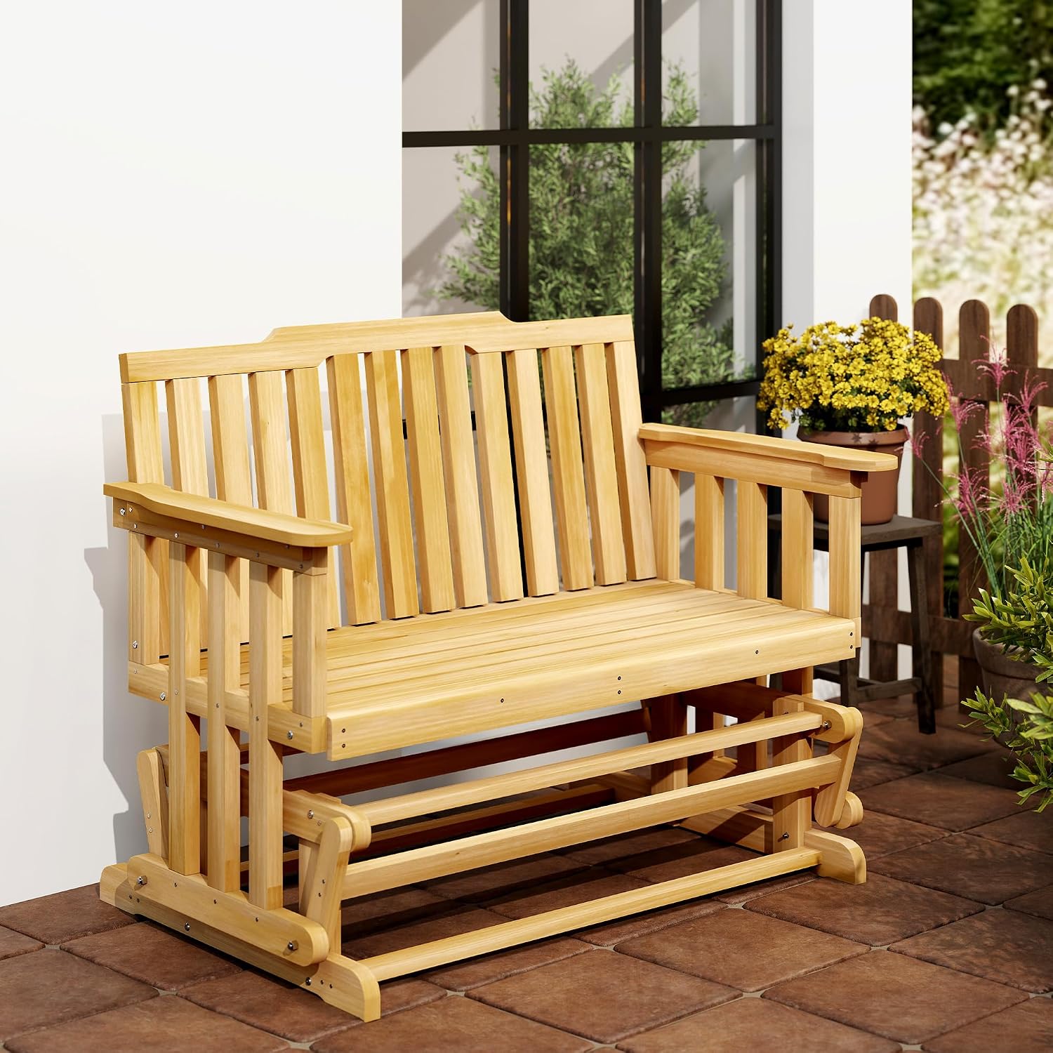 Outsunny 2-Person Patio Swing Glider Bench with Quick Drying Design and Wide Armrest, Wood Rocking Chair Loveseat for Backyard Garden Porch, Natural