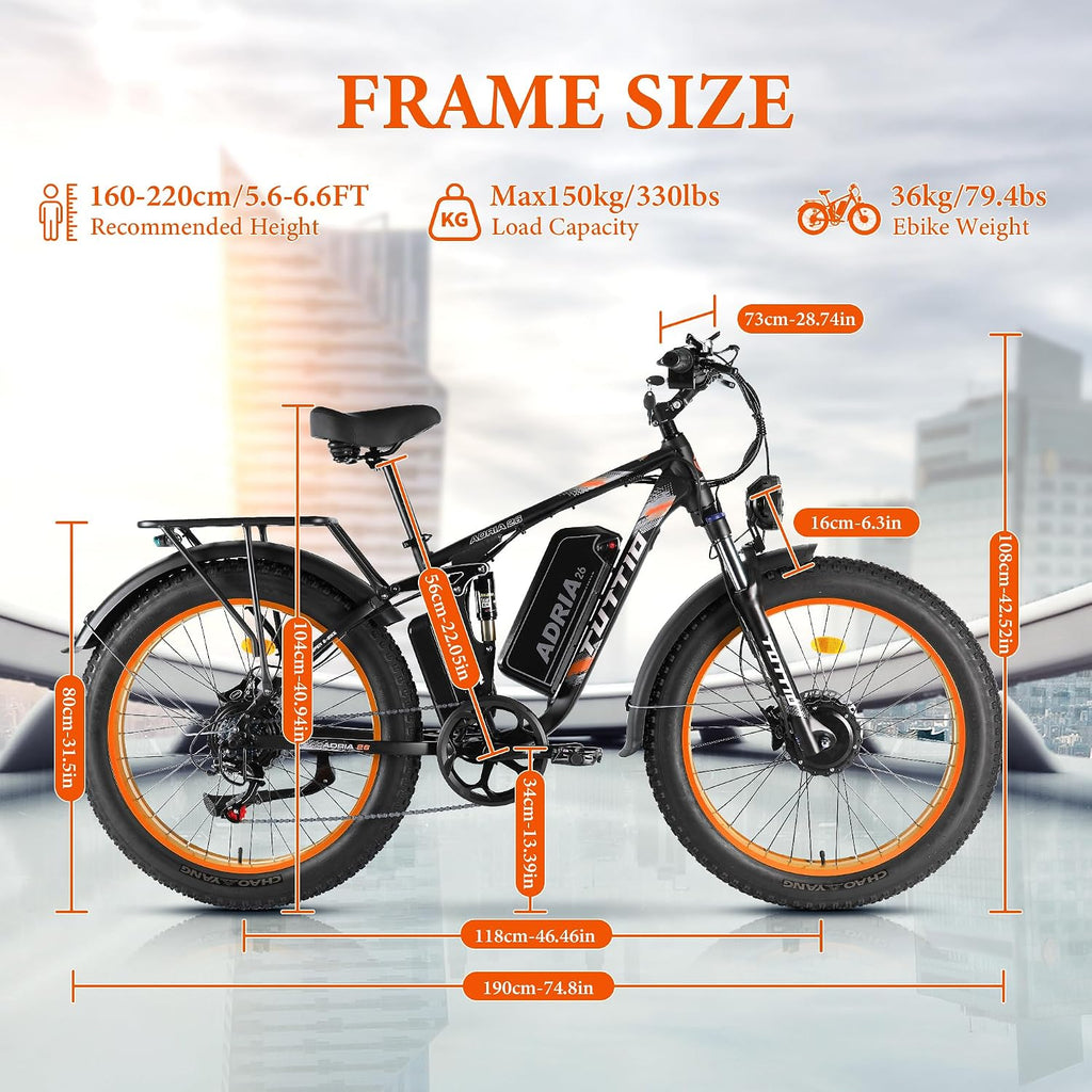 Tuttio-Adria26 6000W/5000W Peak Dual-Motor Ebike for Adults - 52V Fast Ebike, Long-Range Electric Bicycle, Full Suspension, 26 Inch Fat Tire Bike for Off-Road, Mountain, Snow, Hunting, Commuting