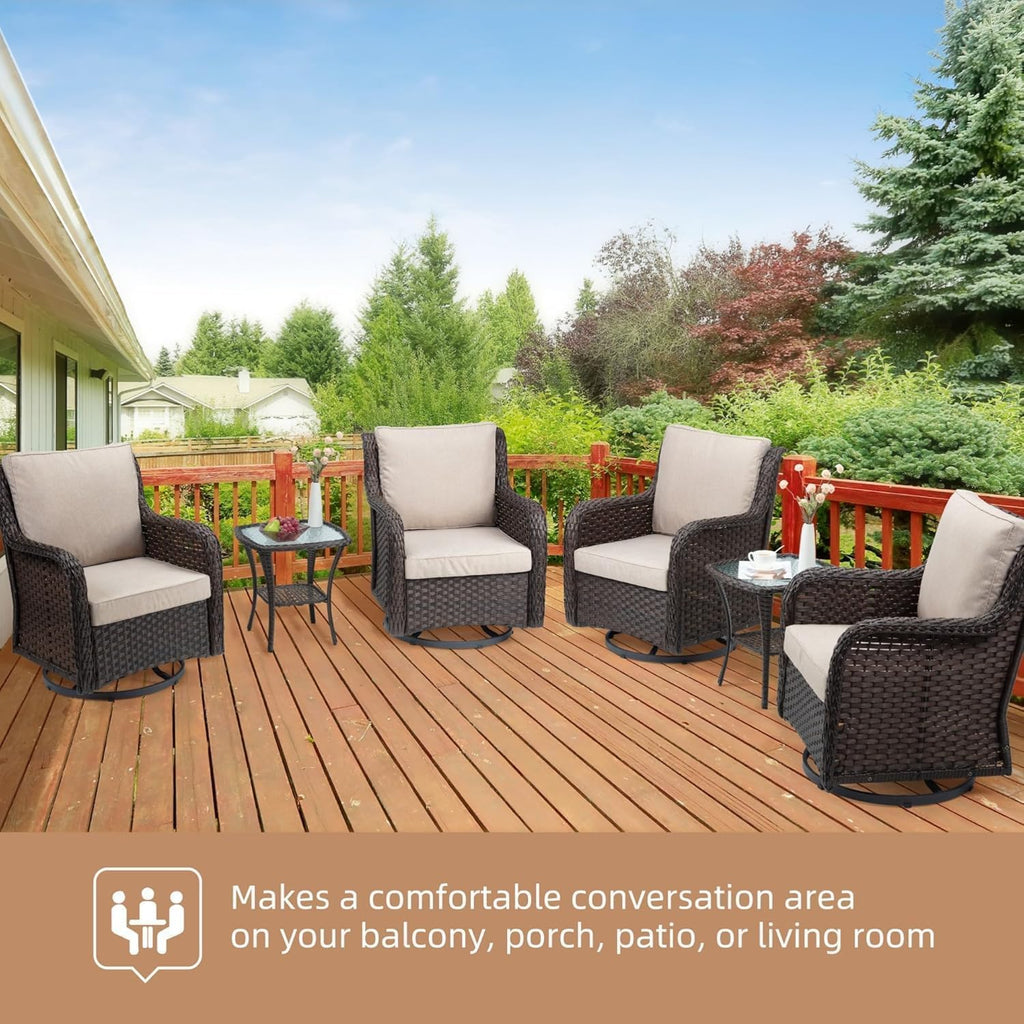 GAOMON 3 Piece Outdoor Patio Set, Wicker Rocking Bistro Set with 2 Swivel Chairs & Tempered Glass Top Table, Rattan Outdoor Furniture with Cushions for Patio Porch Backyard (Large)