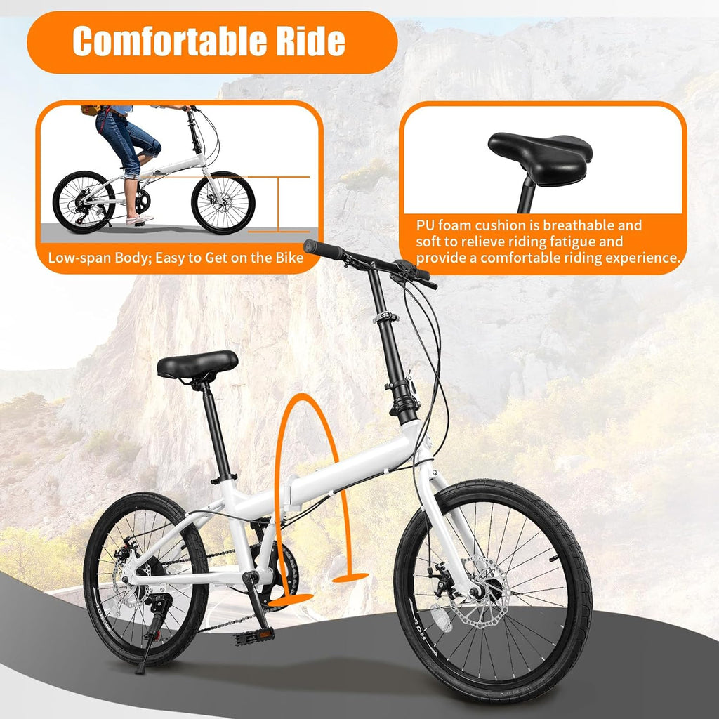 Folding Bike, Foldable Bicycle with 7 Speed Gears 20-inch Wheels Easy Folding City Bicycle with Dual Disc Brakes for Adult, Teenager, Traveling, Exercising, Commuting