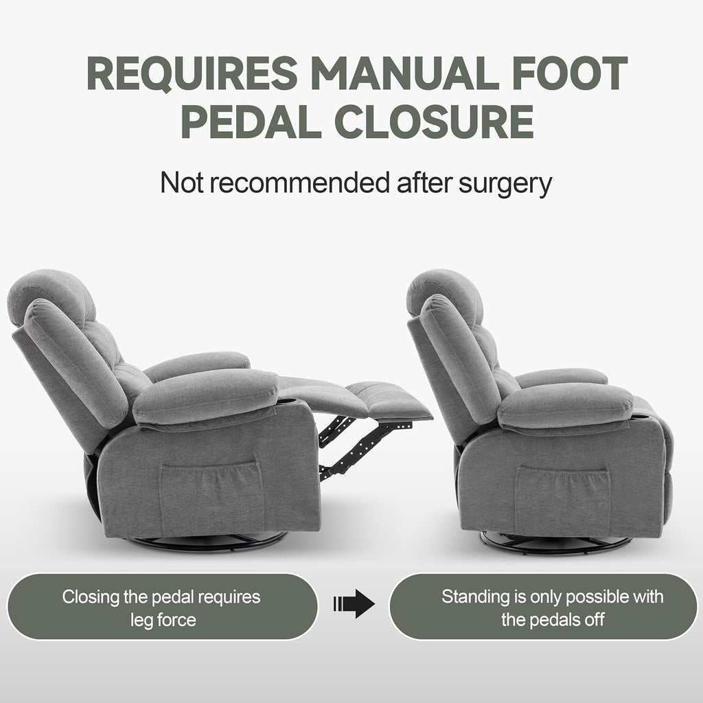 Rocker Recliner Chair with Heat and Massage, 360° Swivel Nursery Rocking Chairs for Adults, Oversized Recliner Single Sofa Seat with Cup Holders, Lazy Boy Recliner Single Sofa (Manual, Grey)