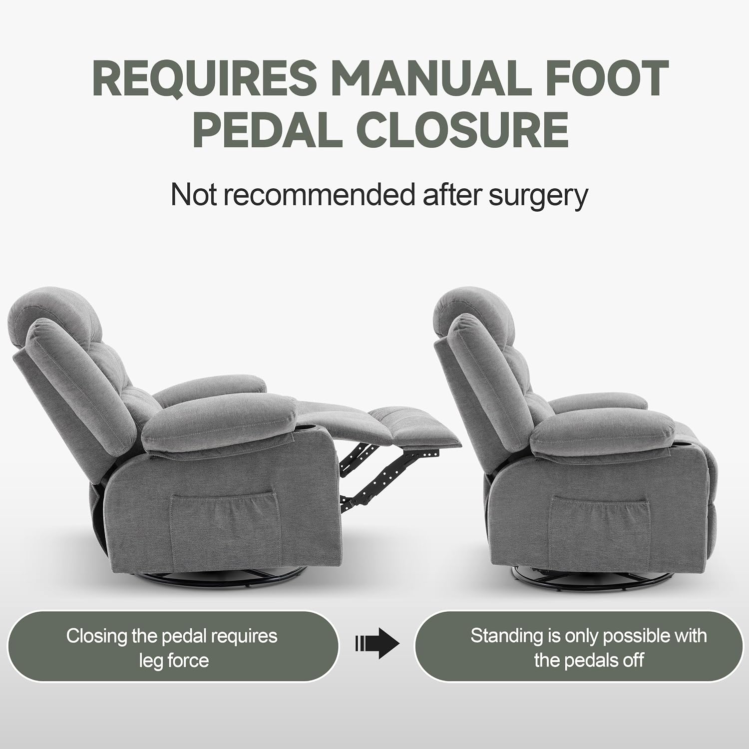 Rocker Recliner Chair with Heat and Massage, 360° Swivel Nursery Rocking Chairs for Adults, Oversized Recliner Single Sofa Seat with Cup Holders, Lazy Boy Recliner Single Sofa (Manual, Grey)