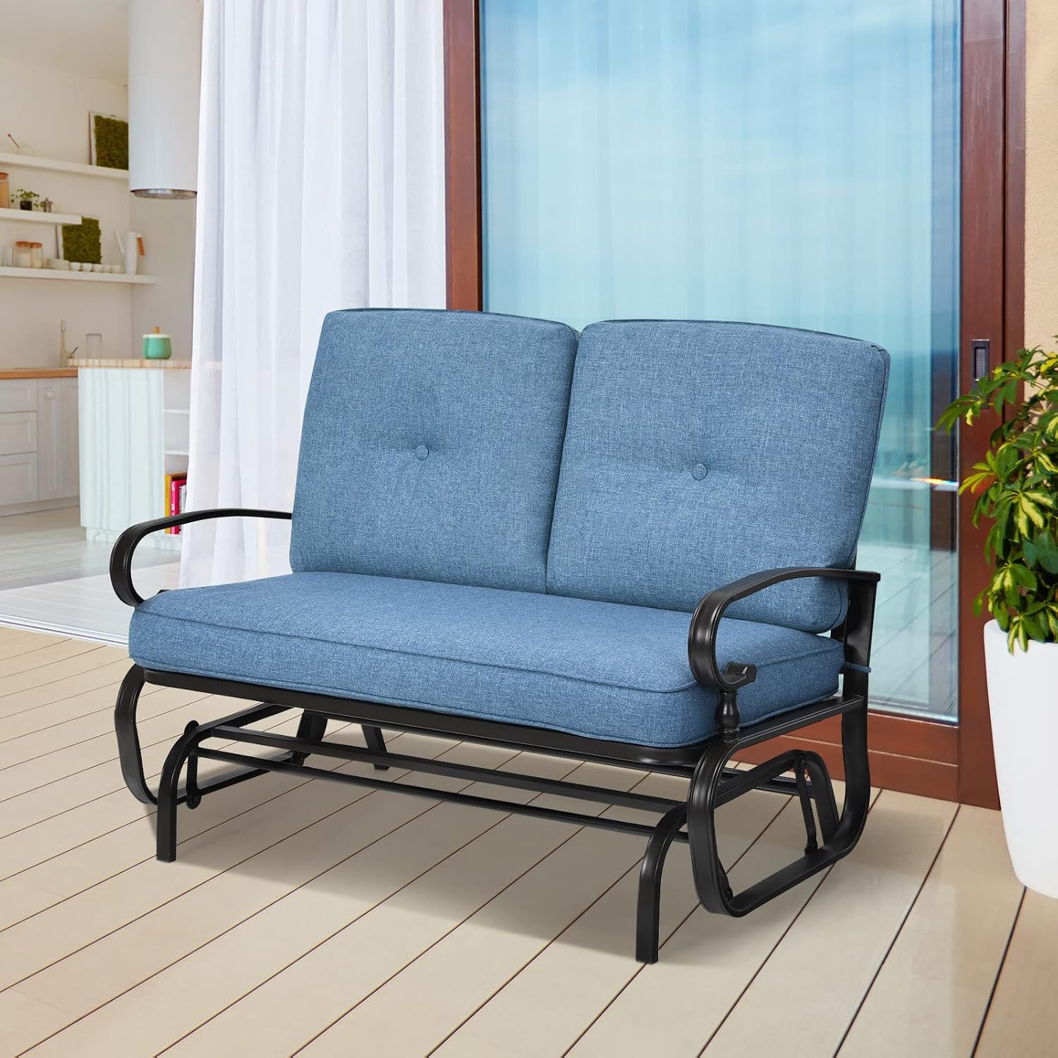 Giantex Outdoor Glider Bench, Patio Loveseat with Cushions, 440 Lbs Capacity, 2-Person Outdoor Rocking Chair, Porch Glider Swing for Garden, Backyard, Poolside, Patio Seating Rocker (Navy)