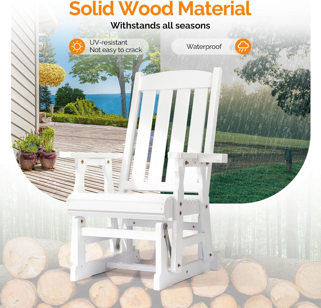 VINGLI Outdoor Glider Chair Wood Patio Glider with Cup Holder, Porch Glider with Smooth Rocking Mechanism, Heavy Duty 600 LBS, White