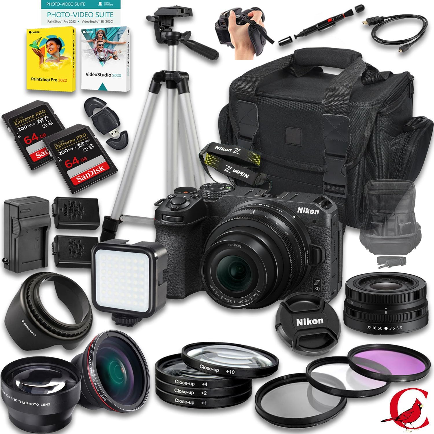 Nikon Z30 Mirrorless Camera with Z DX 16-50mm f/3.5-6.3 VR Lens + 128 GB Memory + Extra Battery + Camera Case + Tripod + More (28pc Bundle)