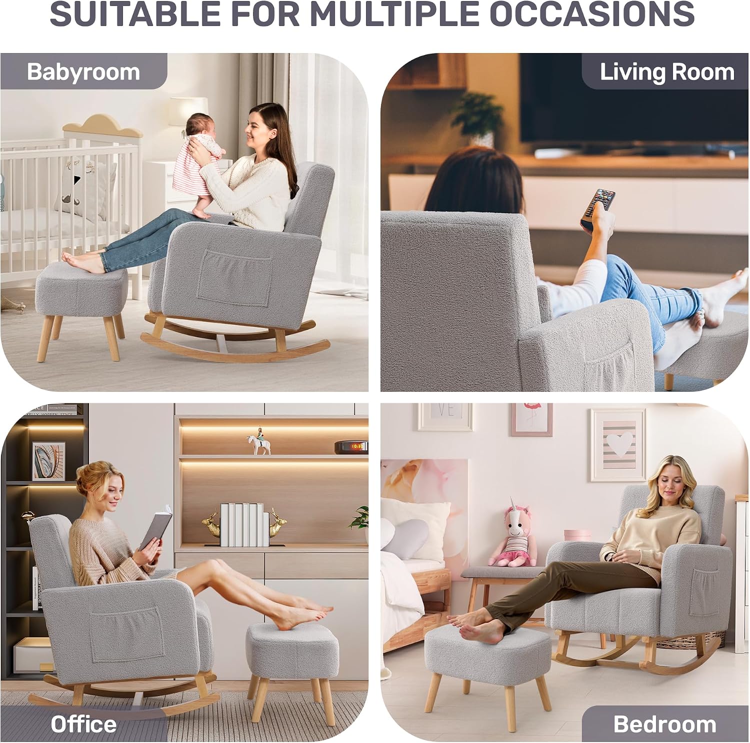 HCHAIRH Rocking Chair with Ottoman, Nursing Glider Rocker with High Backrest and Side Pocket, Comfy Reading Chair with Solid Wood Legs for Nursery/Living Room/Bedroom Light Grey