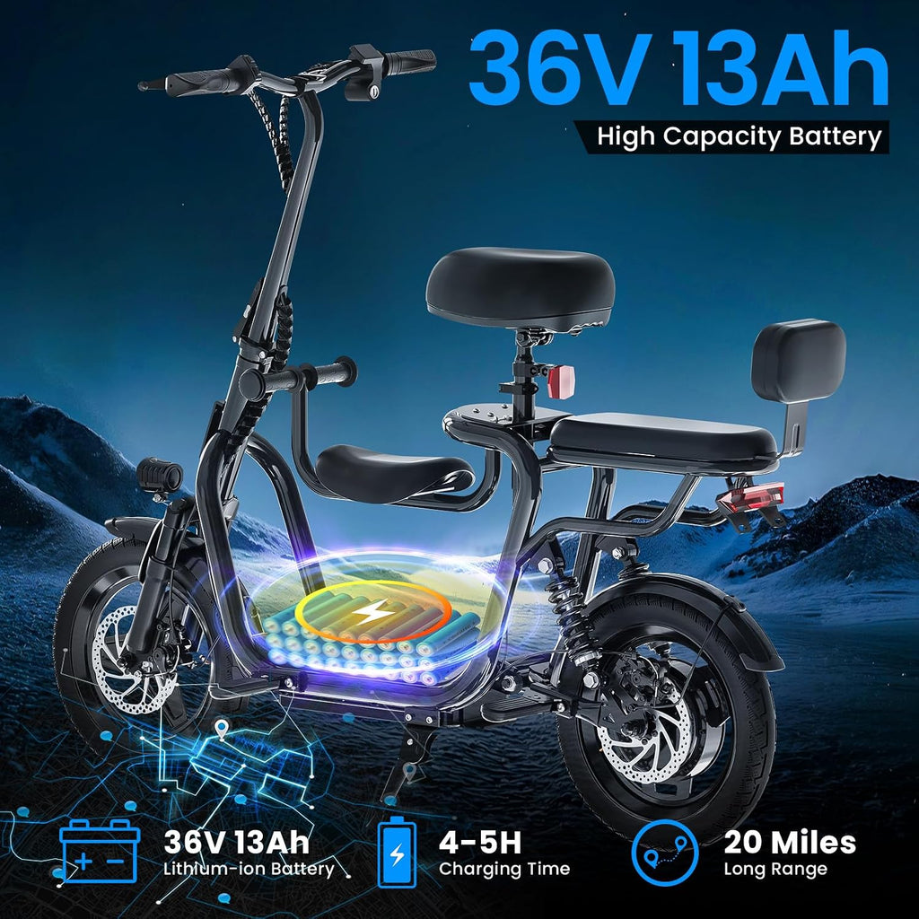 EILLEO Electric Scooter with 3 Seats for Adults Power by 500W Peak Motor, E Bike with 14' Pneumatic Tire and 20 Miles Range&17.4Mph, Electric Bicycle for Women/Man Black
