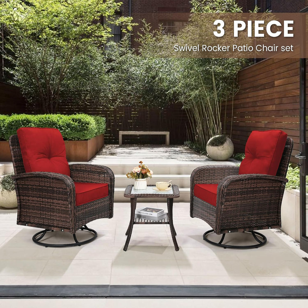 wildformers Luxury Outdoor Swivel Wicker Glider Patio Chairs with Table Set, Overstuffed Washable Cushions, Ideal for Porch, Balcony, Deck, Brown Rattan and Red Cushion
