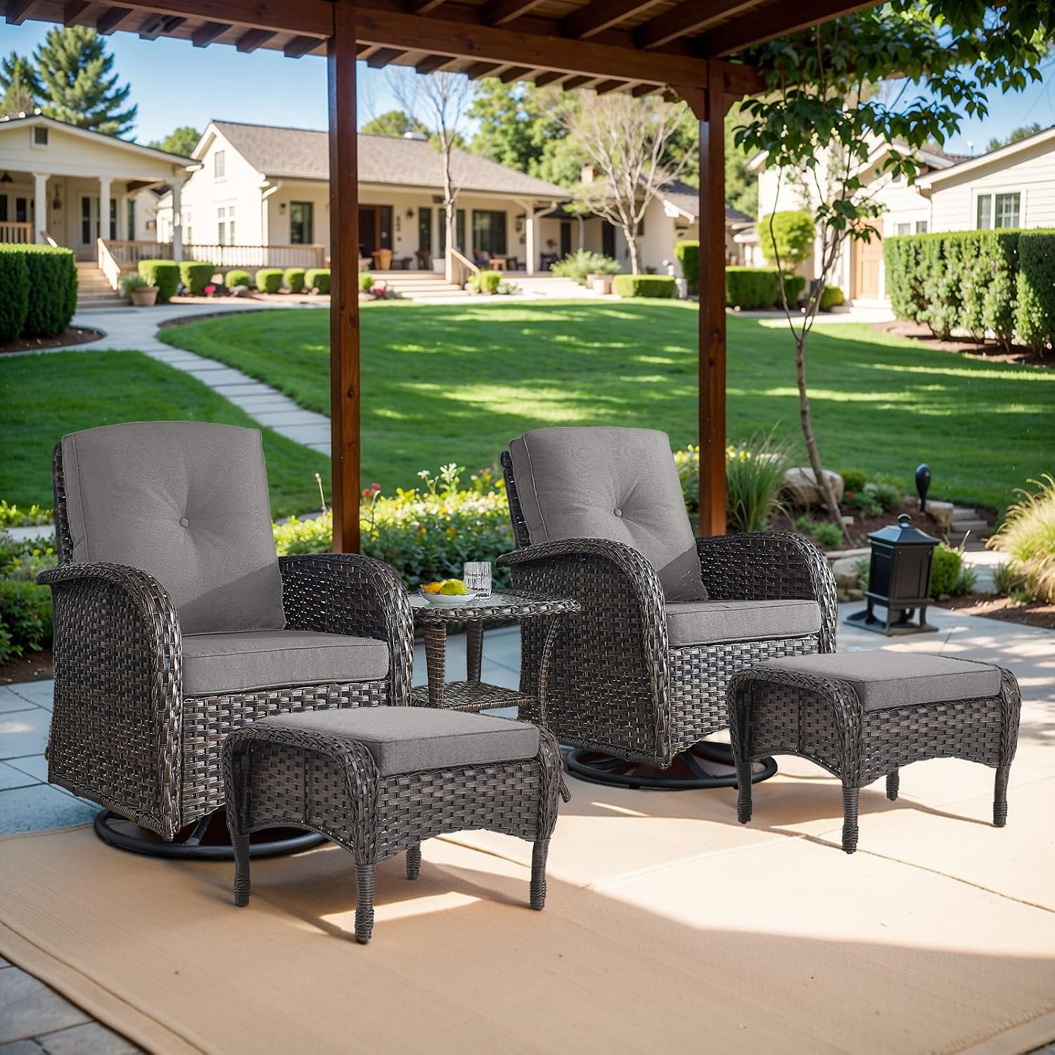 Belord Small Conversation Sets Patio Funiture - 5 Piece Outdoor Swivel Rocker Wicker Furniture Sets with Ottomans Side Table Perfect for Patio Deck Backyard, Brown Wicker Grey Cushion