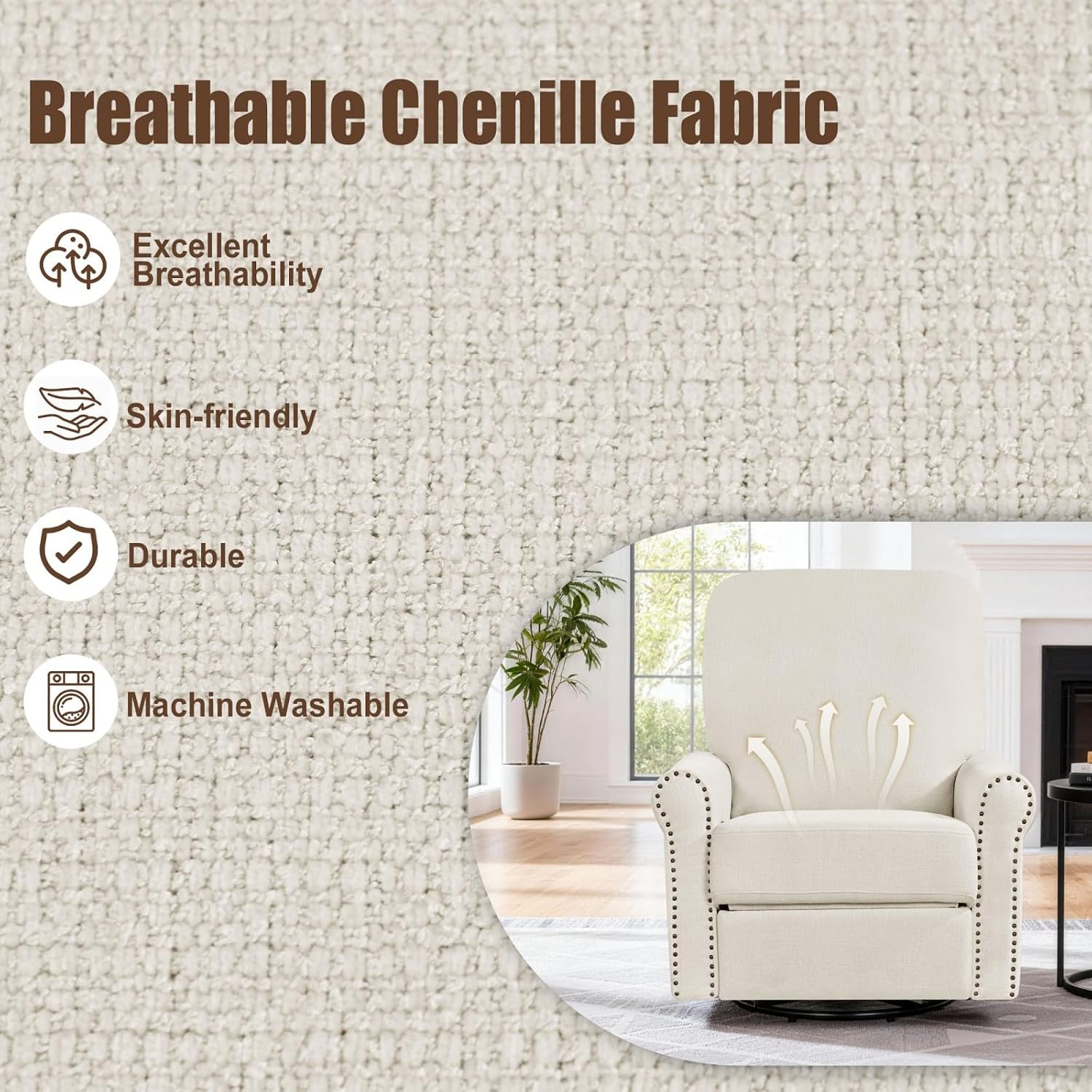 360° Swivel Rocker Recliner Chair with Upholstered Backrest, Small Rocking Recliner for Small Spaces, Chenille Fabric Glider Recliner Nursery Chair (Chenille-Beige, One Chair)