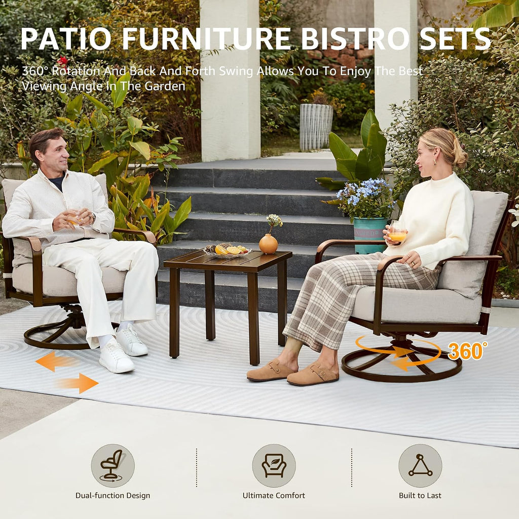 NATURAL EXPRESSIONS Outdoor Bistro Set,3 Piece Swivel Glider Rocking Chairs Patio Conversation Furniture Set with 2 Rockers,Metal Table,6' Thick Cushions for Backyard, Porch,Balcony,350lbs (Off-white)