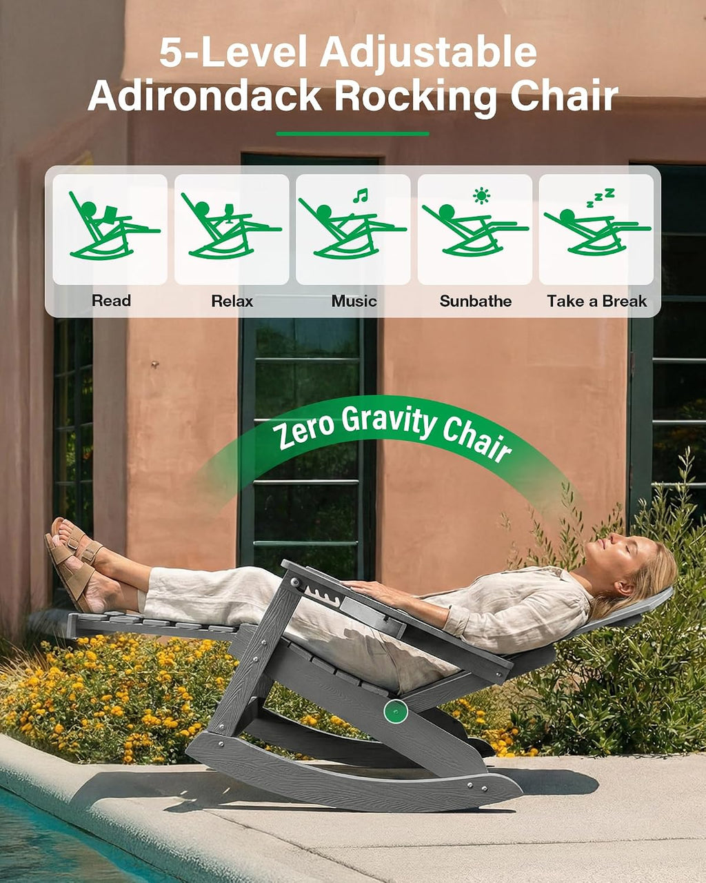 YEFU Adirondack Rocking Chairs Set of 2, Adjustable Adirondack Chair with Retractable Ottoman,Outdoor Rocking Chair,Rockings Chairs Outside,Weather Resistant,for Patio,Porch,Lawn,Heavy Duty,Grey