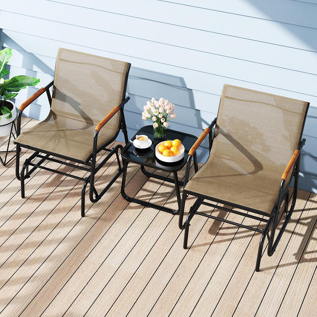 Giantex 3-Piece Outdoor Glider Set, 2-Pack Rocking Chairs with Small Tempered Glass Coffee Table, Metal Frame, Porch Rocker, Patio Bistro Set for Outside, Garden, Backyard, Balcony, Brown