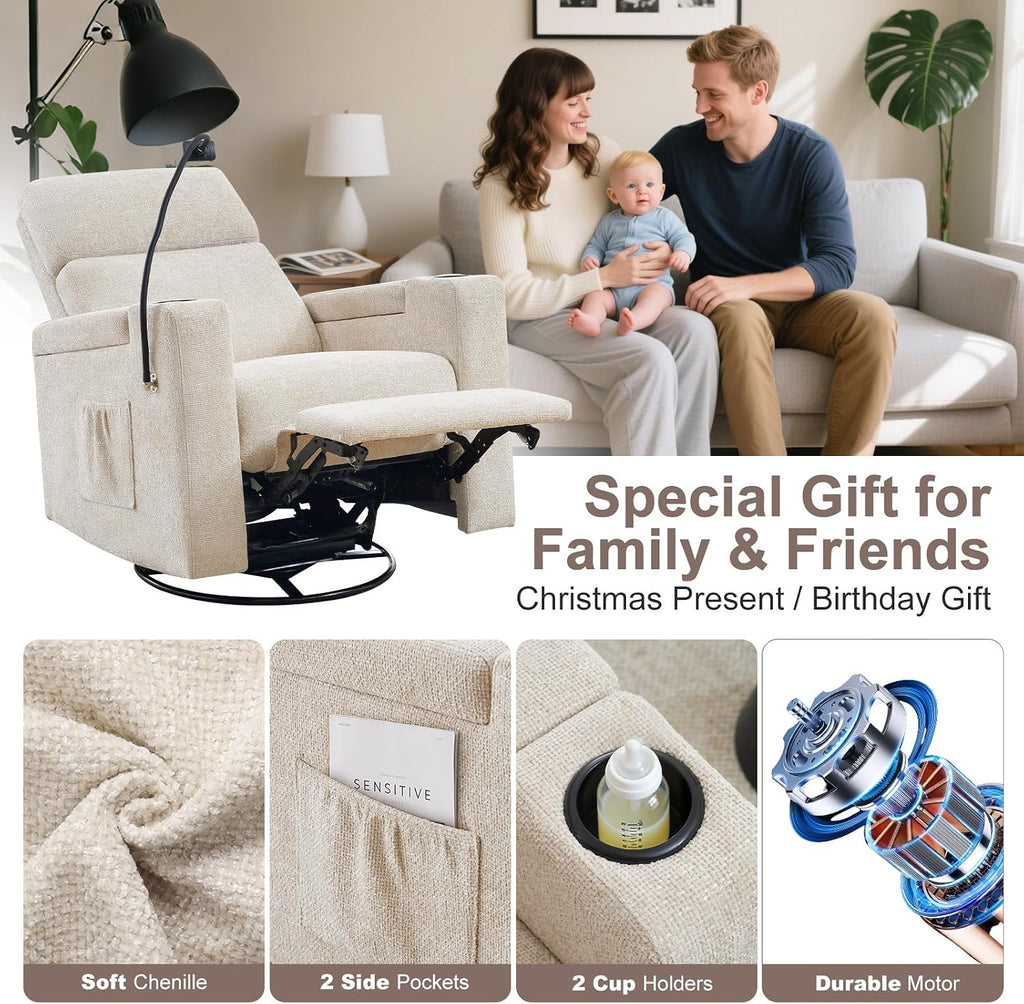 ABCASA Power Recliner Chair Swivel Glider Set of 2, Nursery Glider Recliner, Chenille Rocking Recliner Chair with Adjustable Phone Holder, Hidden Arm Storage, USB & Type-C for Living Room, Light Brown