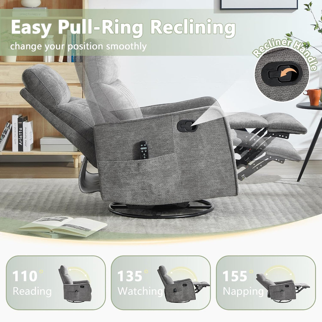 cinkehome Heated Massage Swivel Rocker Recliner Chair for Nursery - Small Space Reclining Chair with Lumbar Support, 360° Swivel & Gentle Rocking, Ergonomic High Back Chenille Fabric Gray