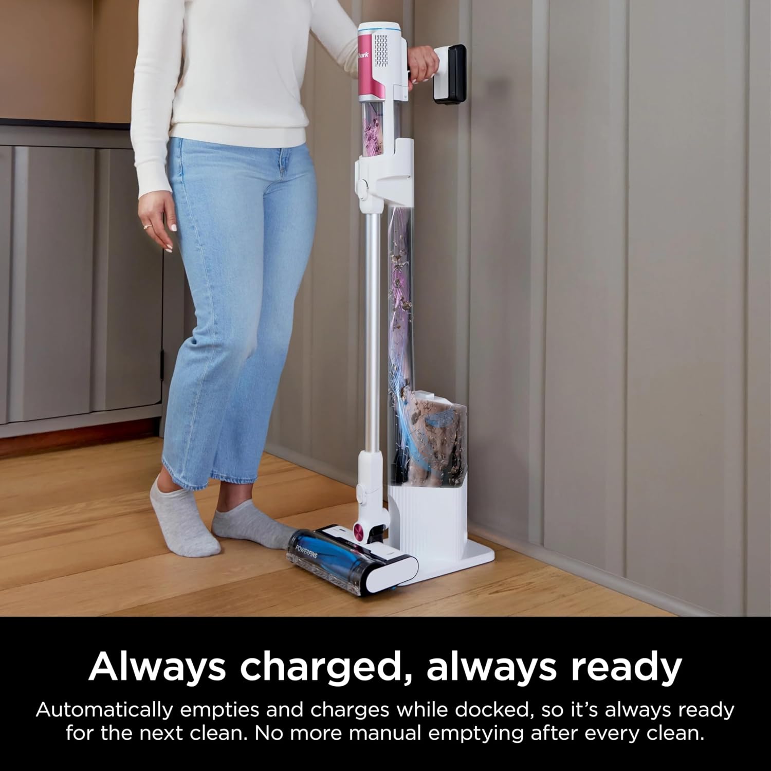 SHARK Clean & Empty Cordless Stick Vacuum Cleaner, Auto-Empty System, Self Cleaning Brushroll, HEPA Filter, Powerful Suction, Compact Lightweight, Perfect for Pet Hair (Renewed) (White + Bold Magenta)