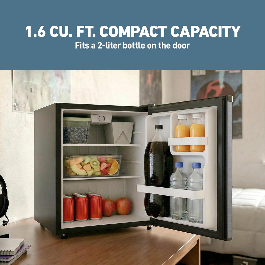 West Bend Mini Fridge Compact Refrigerator for Home Office or Dorm, Auto Defrost with Reversible Door, Energy Star Rated, 1.6-Cu.Ft., Stainless Steel