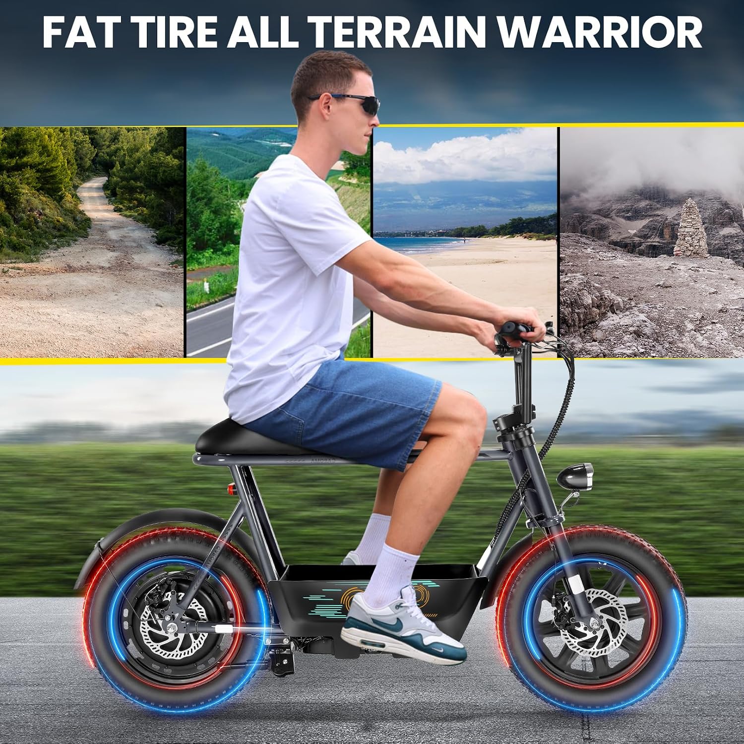 Caroma Peak 1200W/800W/500W Electric Scooter with Seat,16'×3' Fat Tire Ebike All-Terrain,Max 30Miles&20MPH Electric Scooter Adults,Electric Motorcycle Adults with Storage Basket for Pets&Cargo