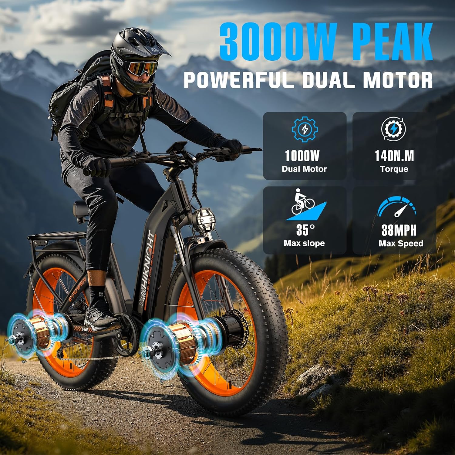 Electric Bike for Adults, 3000W Peak Dual Motor 52V 20AH Battery E Bike 26' x 4.0' Fat Tire Electric Mountain Bike Step-Thru Electric Bicycle for Women Men, Up to 38MPH