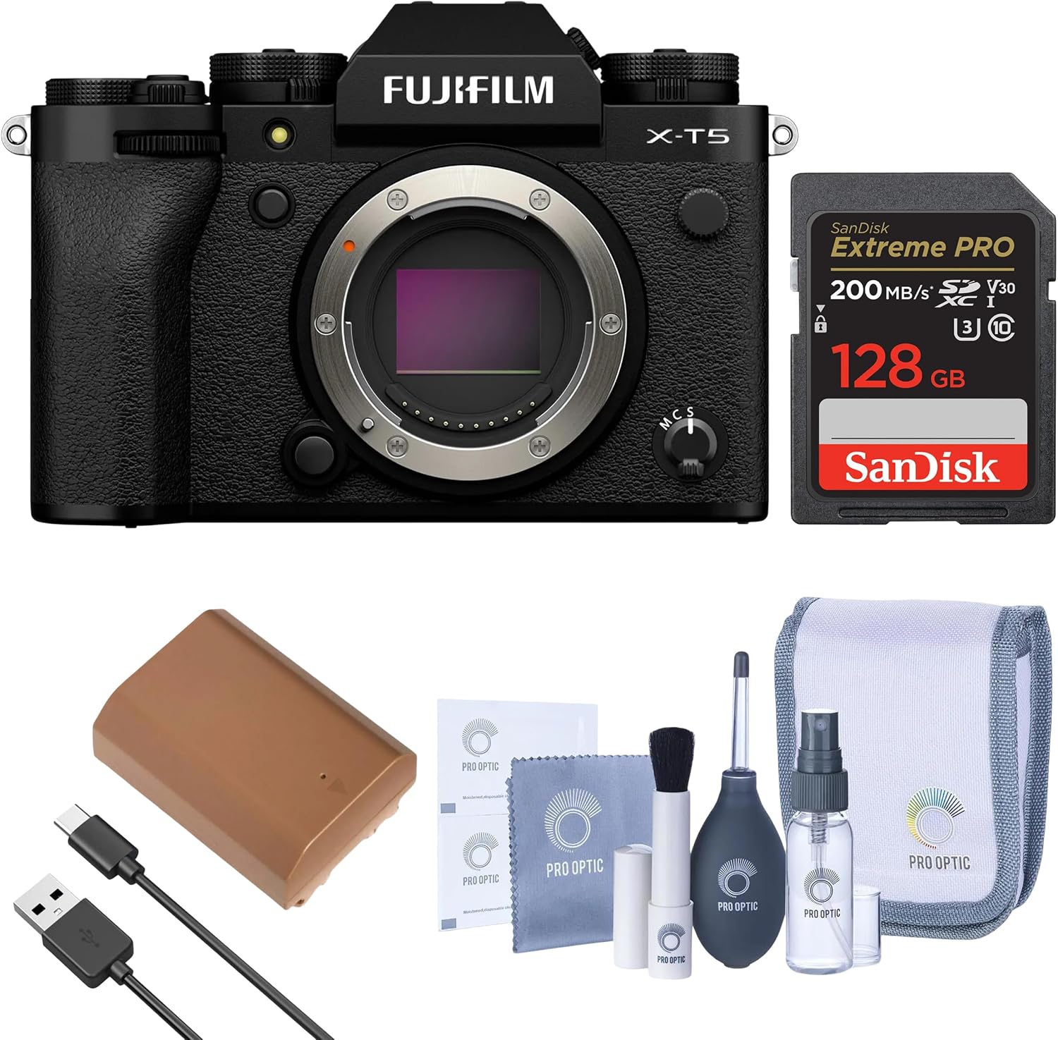 X-T5 Mirrorless Camera, Silver Bundle with 128GB SD Card, Extra Battery, Complete Cleaning Kit, Fujifilm 1-Year Limited Warranty, Black