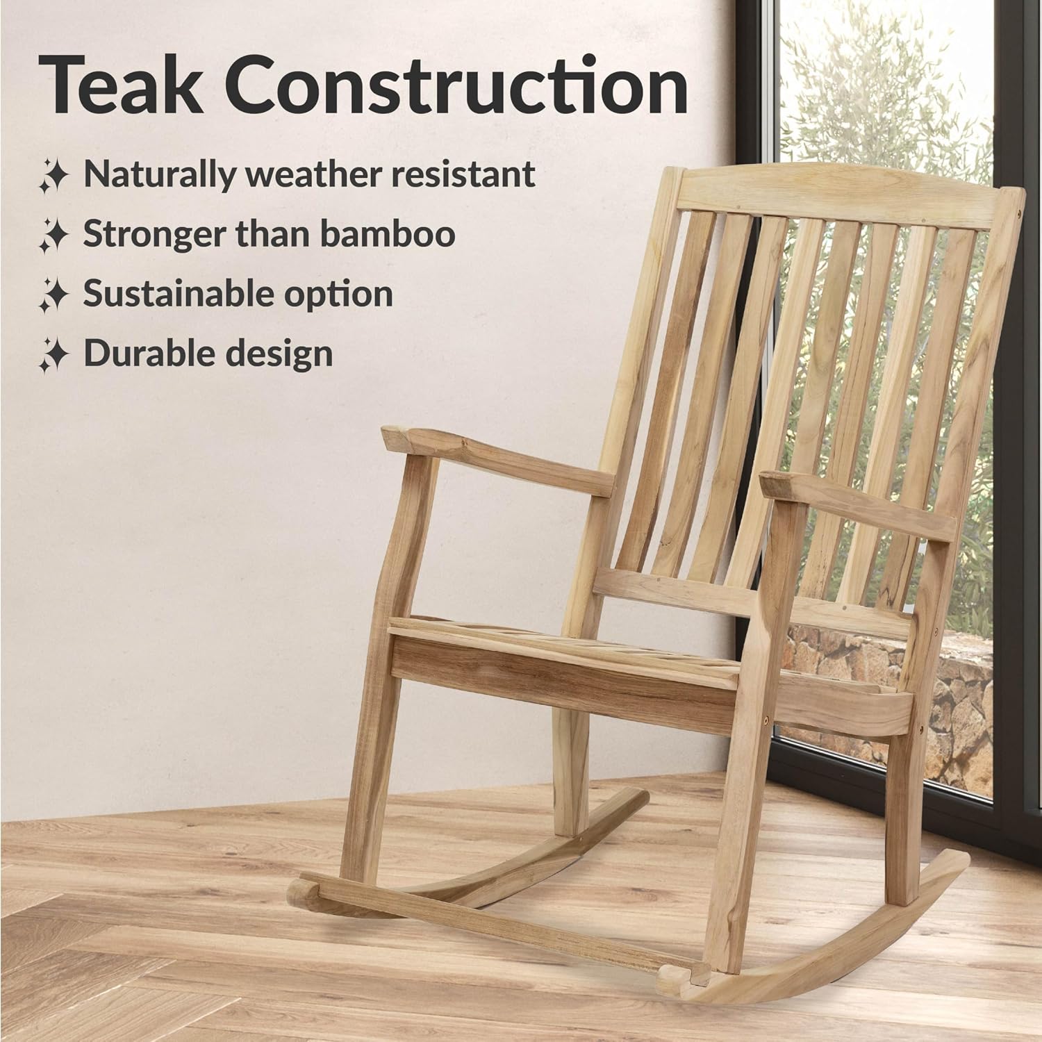 Sunnydaze Teak Outdoor Rocking Chair with Slatted Back - Wooden Front Porch Chair for Patio - Outside Porch Rocker - 325 lb Support