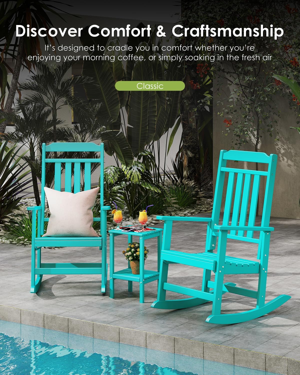 GREENVINES Outdoor-Rocking-Chair | HDPE Plastic | Patio Rockers | Porch Rocker Chairs | Oversized | High Back | Big & Tall | Aqua