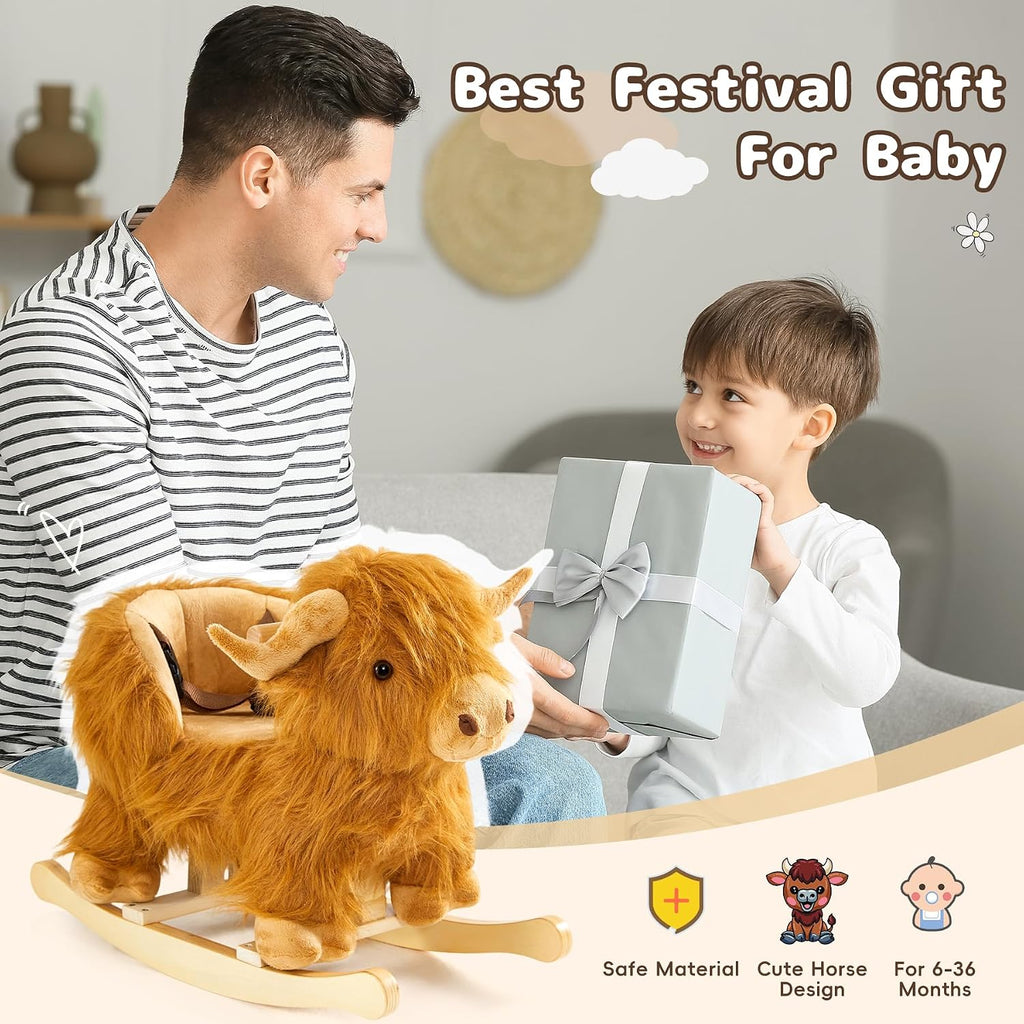 Baby Rocking Horse,Highlander Cattle Wooden Rocking Horse for Toddlers 1 Year Old Cute Cow Stuffed Plush Ride-on Toy Rocking Animal for Baby Boys and Girls Nursery/Child Christmas or Birthday Gift