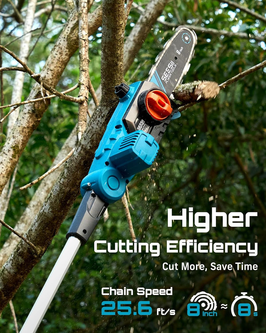 SEESII 8-Inch Electric Pole Saws: 21V Cordless Pole Saws for Tree Trimming, 15-Foot Max Reach, Auto Oiling, Tree Trimmer with 2x4000mAh Battery & Fast Charger, Tree Saw Ideal for Pruning Branches