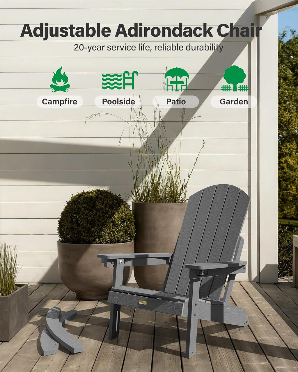 YEFU Adirondack Rocking Chairs Set of 2, Adjustable Adirondack Chair with Retractable Ottoman,Outdoor Rocking Chair,Rockings Chairs Outside,Weather Resistant,for Patio,Porch,Lawn,Heavy Duty,Grey