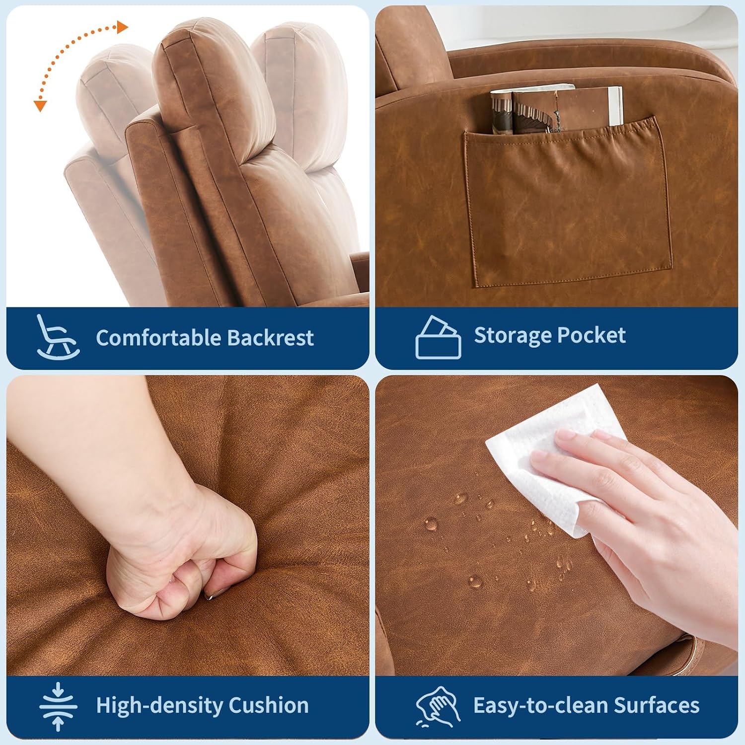 Teddy Fabric Nursery Rocking Chair with Adjustable Footrest, Two Side Pockets & Solid Wooden Legs - High Backrest Comfortable Lounge Armchair for Nursery, Living Room, Bedroom,Brown.