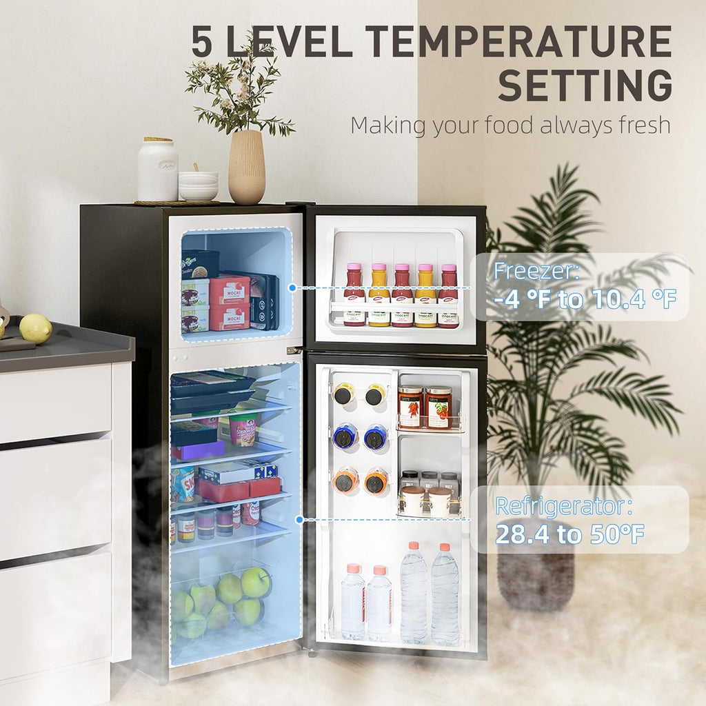 HOMCOM 4 Cu.Ft Mini Fridge with Freezer, Double Door Compact Refrigerator with Adjustable Thermostat, Shelf and Reversible Door for Bedroom, Dorm, Home Office, Energy Efficient, Black