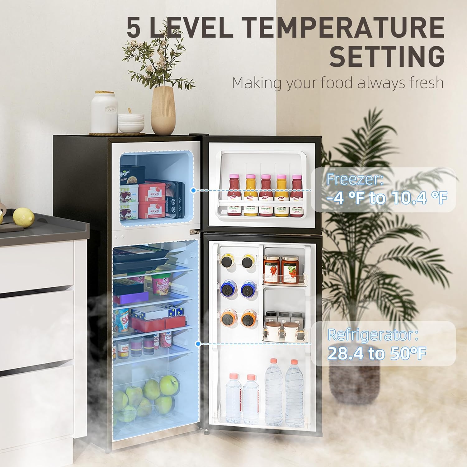 HOMCOM 4 Cu.Ft Mini Fridge with Freezer, Double Door Compact Refrigerator with Adjustable Thermostat, Shelf and Reversible Door for Bedroom, Dorm, Home Office, Energy Efficient, Black