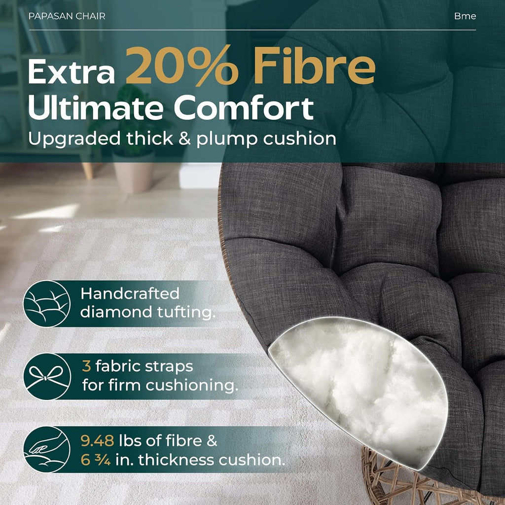 Bme 40' Ergonomic Wicker Papasan Chair with Soft Thick Density Fabric Cushion, High Capacity Steel Frame, 360 Degree Swivel for Living, Bedroom, Reading Room, Lounge, Onyx Stone - Brown Base
