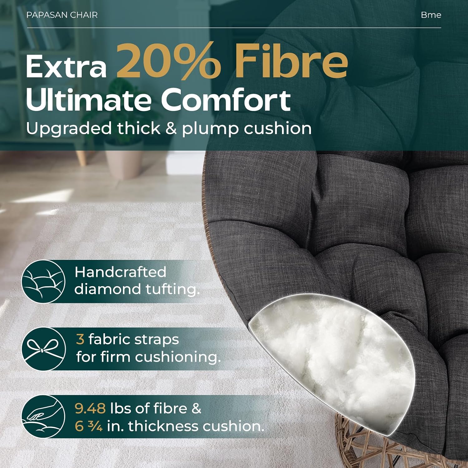 Bme 40' Ergonomic Wicker Papasan Chair with Soft Thick Density Fabric Cushion, High Capacity Steel Frame, 360 Degree Swivel for Living, Bedroom, Reading Room, Lounge, Onyx Stone - Brown Base