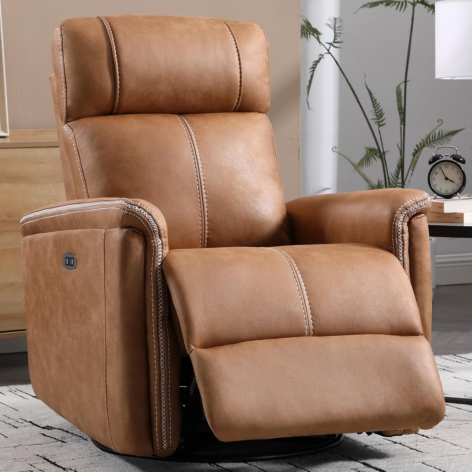 CANMOV Faux Leather Power Swivel Rocker Recliner,Glider Recliner for Nursery,Electric Swivel Rocker with USB Port,Upholstered Nursery Glider Reclining Sofa for Living Room,Brown1