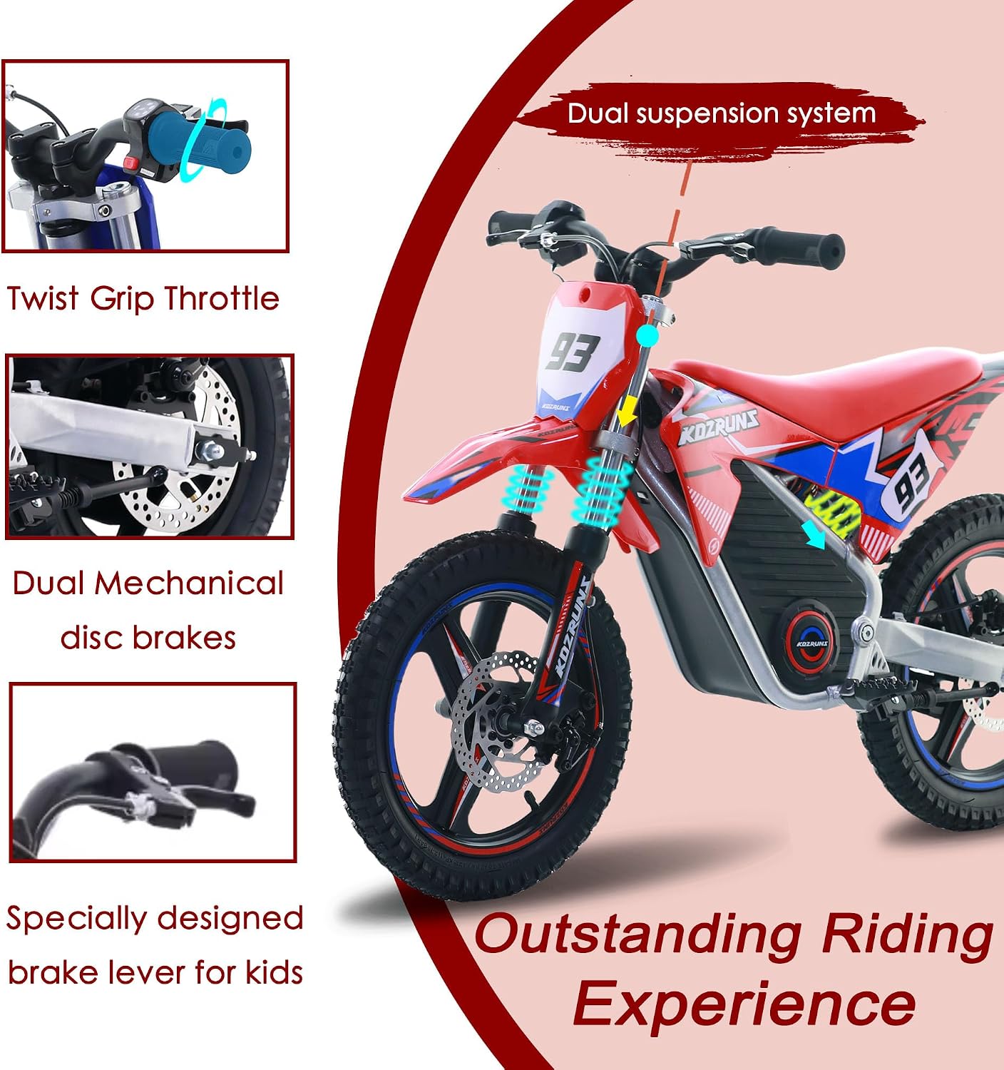 OLALA 36V Electric Dirt Bike for Kids 4-8, 350W Brushless Motor with 3-Speed Control, 18.6 MPH Max Speed, 14' Off-Road Tires Motorcycle, for Boys & Girls, Red