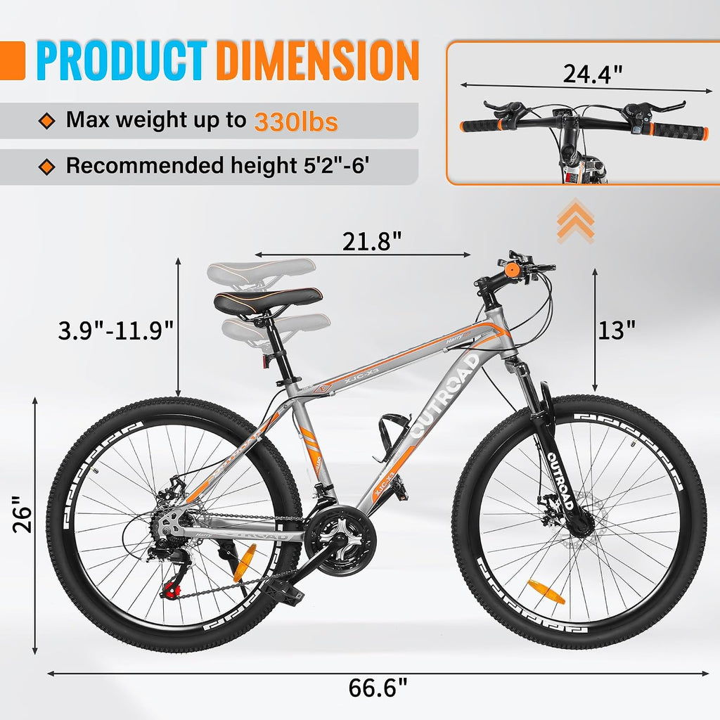 Outroad 26 Inch Mountain Bike, 7/21-Speed/High-Carbon Steel/Aviation Grade Frame, Dual Disc/V Brake, Adjustable Ergonomic Seat Bicycle for Men Women Adult, Quick Assembly in 20 Minutes