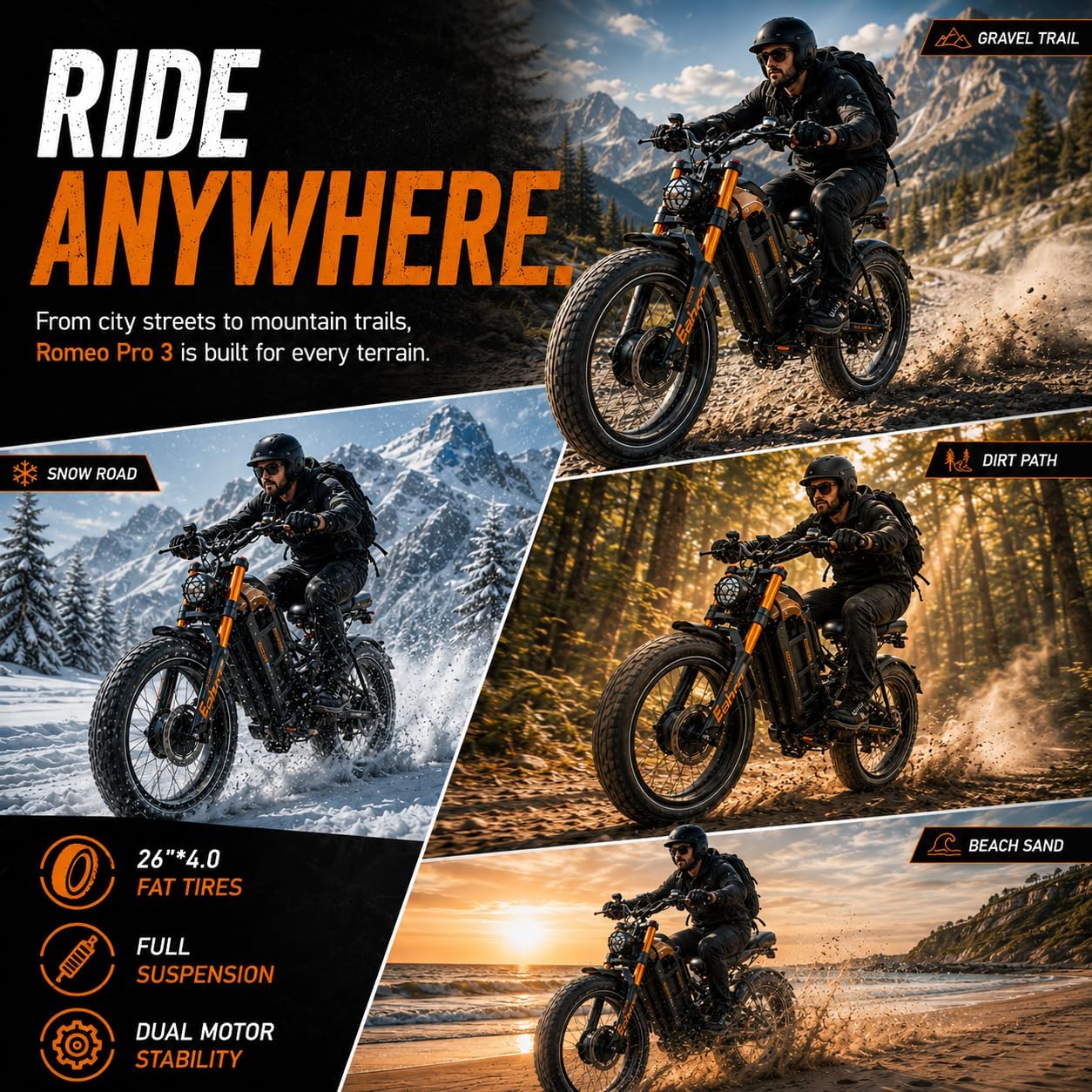 2026 eAhora Romeo Pro 3 Electric Bike for Adult, Peak 5600W Dual Motor, 50mph, 60V 80Ah Battery, 250 Miles Long Range, 26'*4.0 Fat Tire, Air Suspension, App, Commute, Delivery, All-terrian
