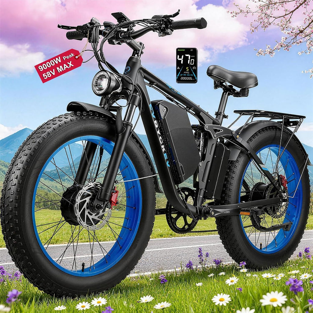 9000W Peak Electric Bike for Adults,58V Max-Output 1856Wh Dual Motor Ebike,34Ah Battery 47MPH Up to 105Miles Fast 24' x4.0 Fat Tire Ebike,Full-Suspension Mountain E-Bike for Beach Snow
