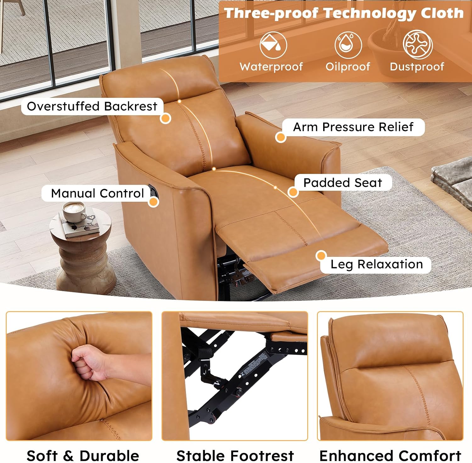 ANJ Manual Swivel Rocker Recliner, Glider Recliners with Padded Armrest and Backrest, Soft Leather Nursery Rocking Recliner Chair Reclining Sofa for Living Room