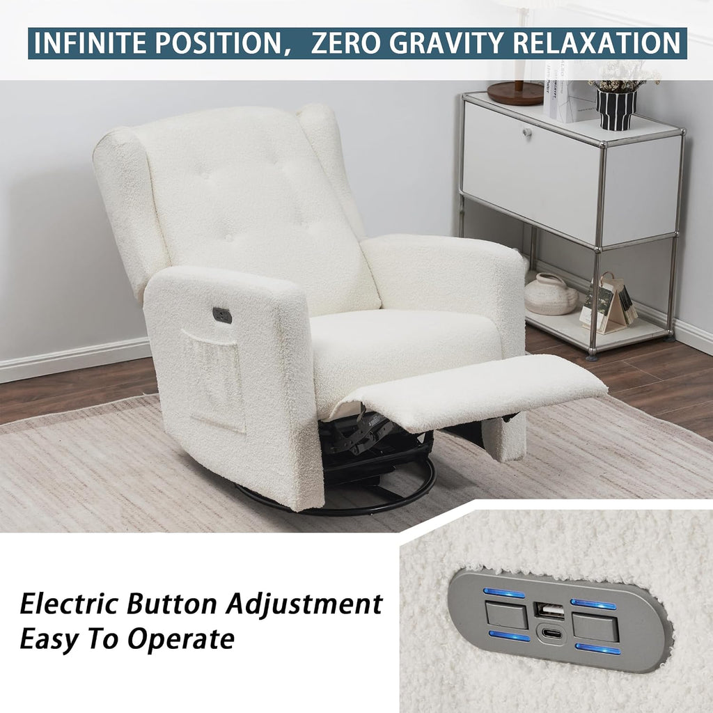 Ketaiyou Power Swivel Rocking Recliner Chair, High Back Electric Rocker Nursery Glider Chair, USB and Type-C Ports, Upholstered Teddy Fabric Reclining Single Sofa Chair for Living Room (Teddy Beige)
