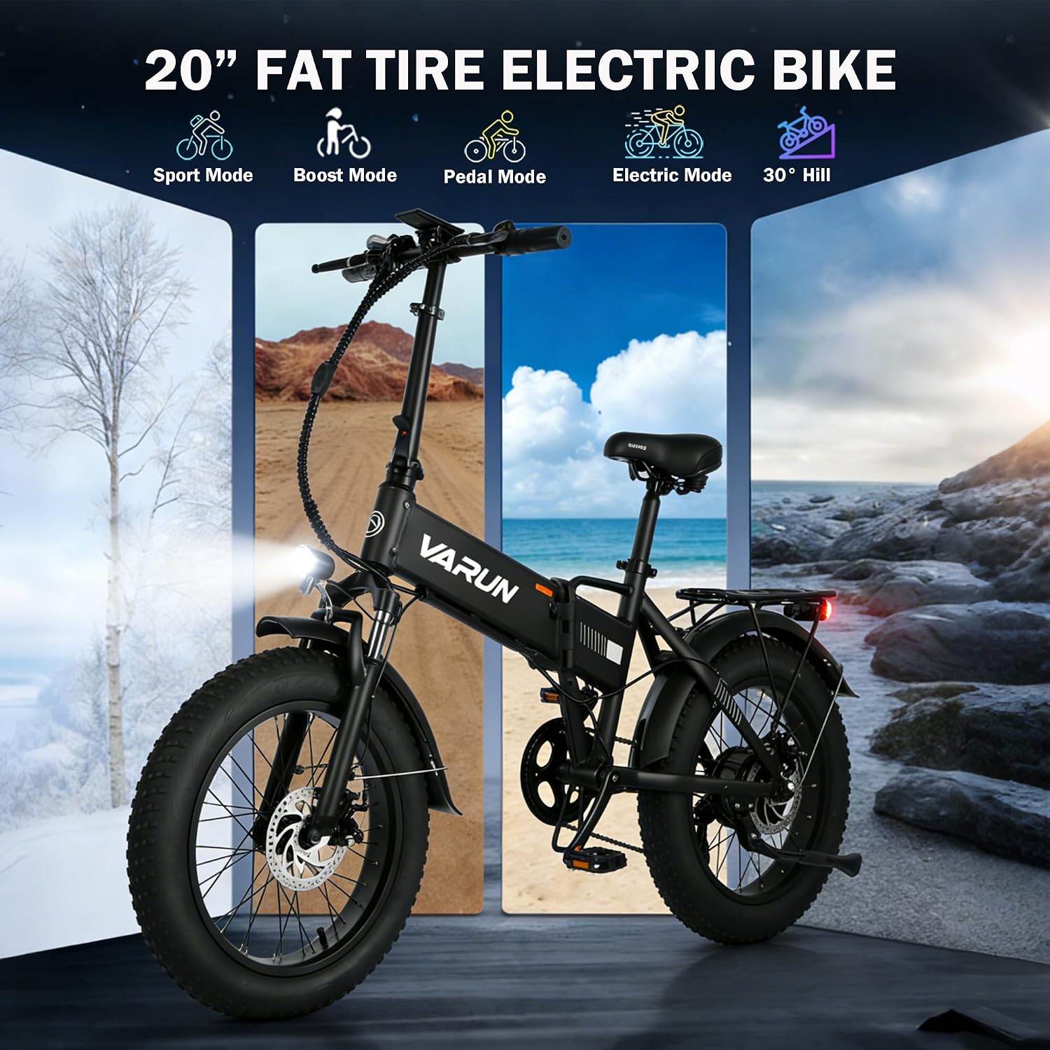 VARUN Electric Bike - Peak 750W Adults Ebike Up to 80KM, 25MPH, 624Wh Anti-Theft Battery, Shock Absorber, Pedal-Assist Level, Portable 20' Fat Tire Ebike for Women & Men