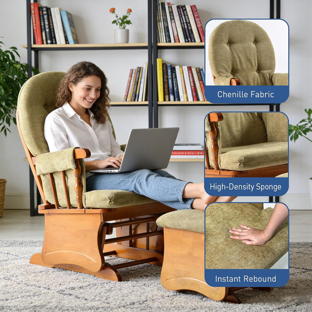 Glider Rocking Chair with Ottoman Set, Solid Wood Nursery Glider Rocker with Padded Cushion, High Back Upholstered Swivel Glider for Living Room, Nursing, Reading, 280LBS Weight Capacity,Oak+Khaki