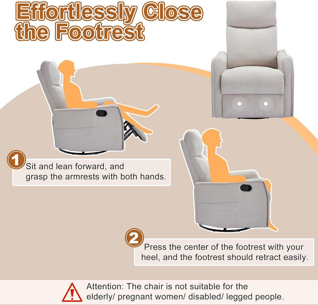 Manual 360° Swivel Rocker Recliner Chair for Adults, Overstuffed Glider Chair for Nursery with Vibration Massage and Heat, Comfy Soft Fabric Glider with Side Pockets for Living Room, Beige