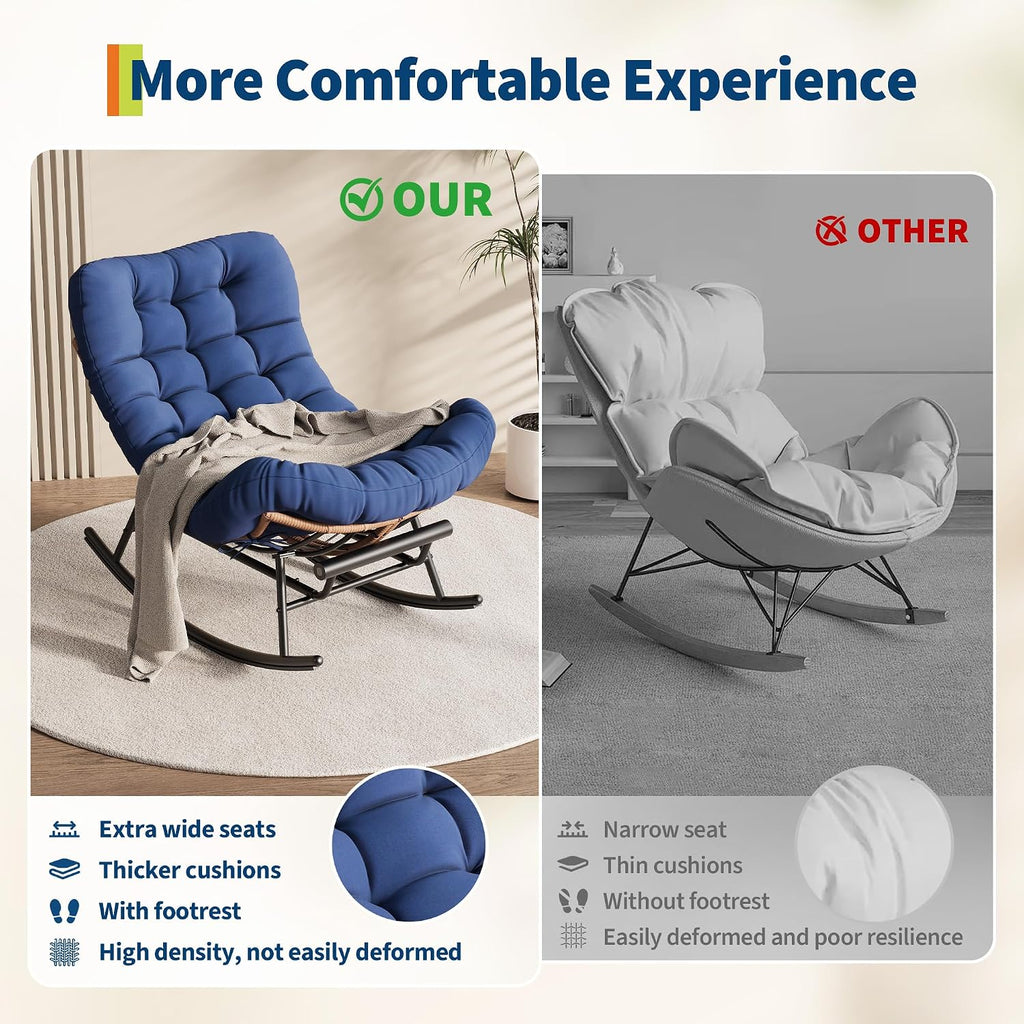 Garvee Outdoor Rocking Chair with Footrest, Oversized Patio Papasan Chairs with Cushion, Modern Lounge Rocker Chair for Indoor Living Room Garden Porch Balcony, Blue