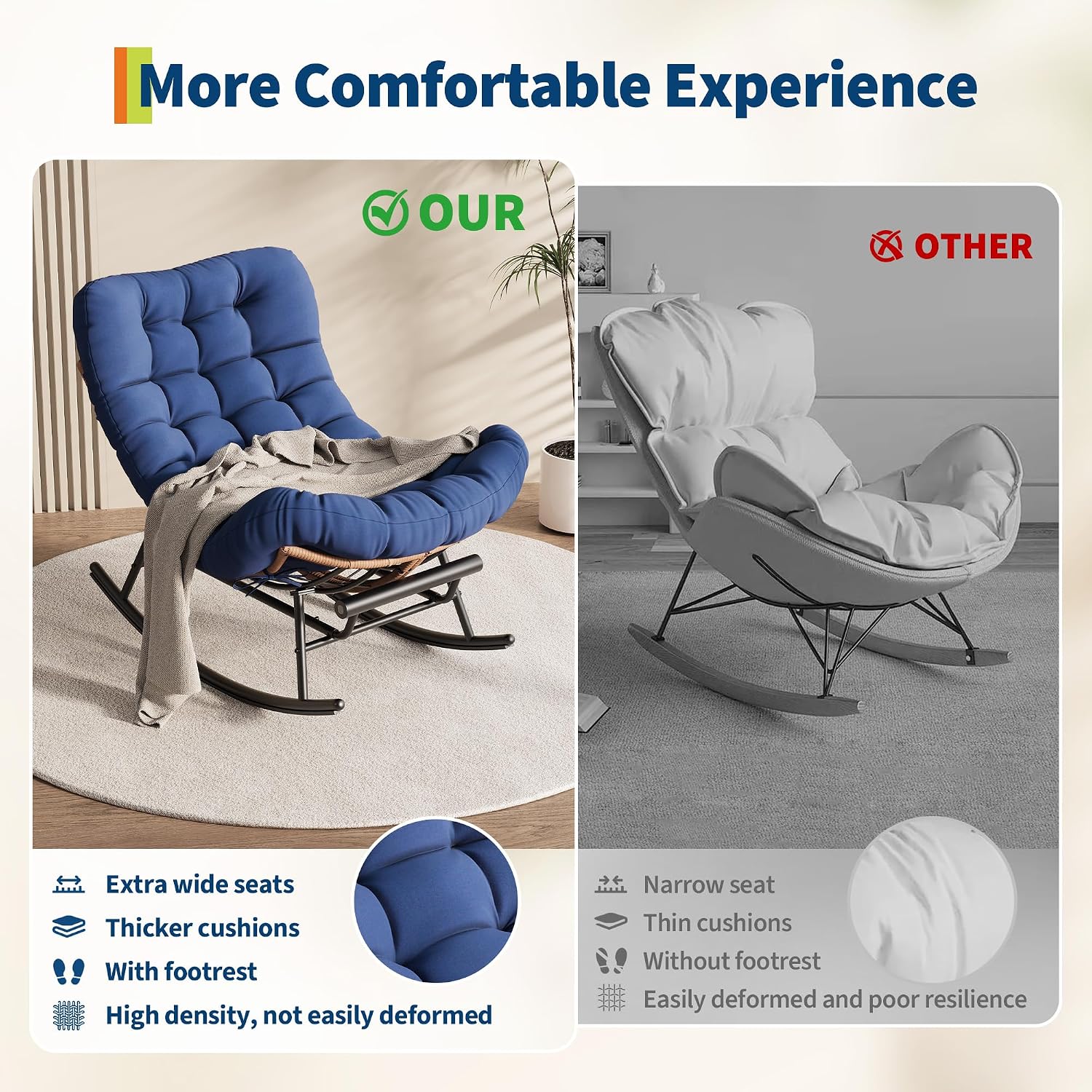 Garvee Outdoor Rocking Chair with Footrest, Oversized Patio Papasan Chairs with Cushion, Modern Lounge Rocker Chair for Indoor Living Room Garden Porch Balcony, Blue