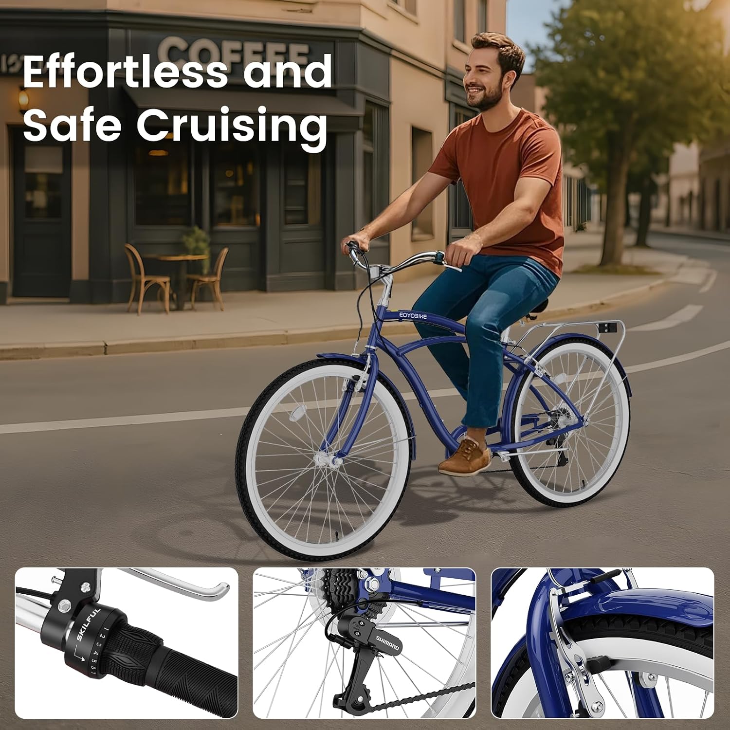 Cruiser Bike for Adults, 7-Speed Beach Cruiser Bicycle, 24/26 Inch Step-Through or High-Bar Frame, Comfort City Commuter Bike with Rear Rack, Fenders, Wide Saddle for Women & Men