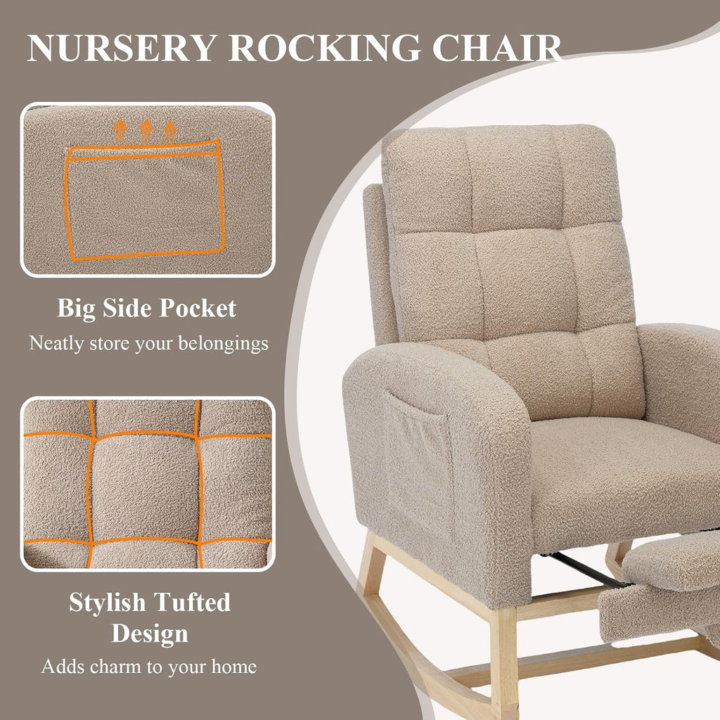 Nursery Rocking Chair, Polyester Upholstered Glider Chair with Footrest, Comfy Rocker Chair, Accent Chair with High Backrest, Glider Rocker, Armchair for Living Room (Brown Teddy)